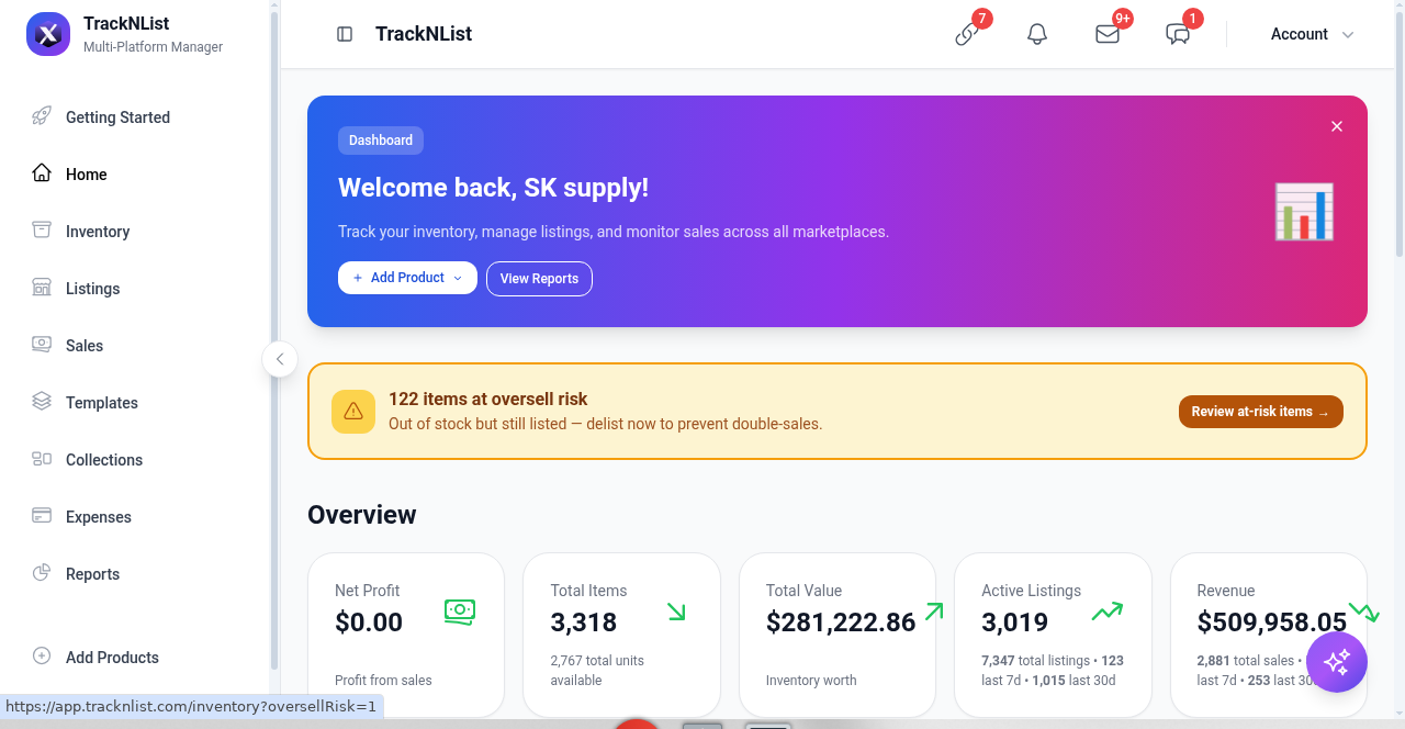 Home dashboard welcome banner, oversell-risk alert, overview KPIs