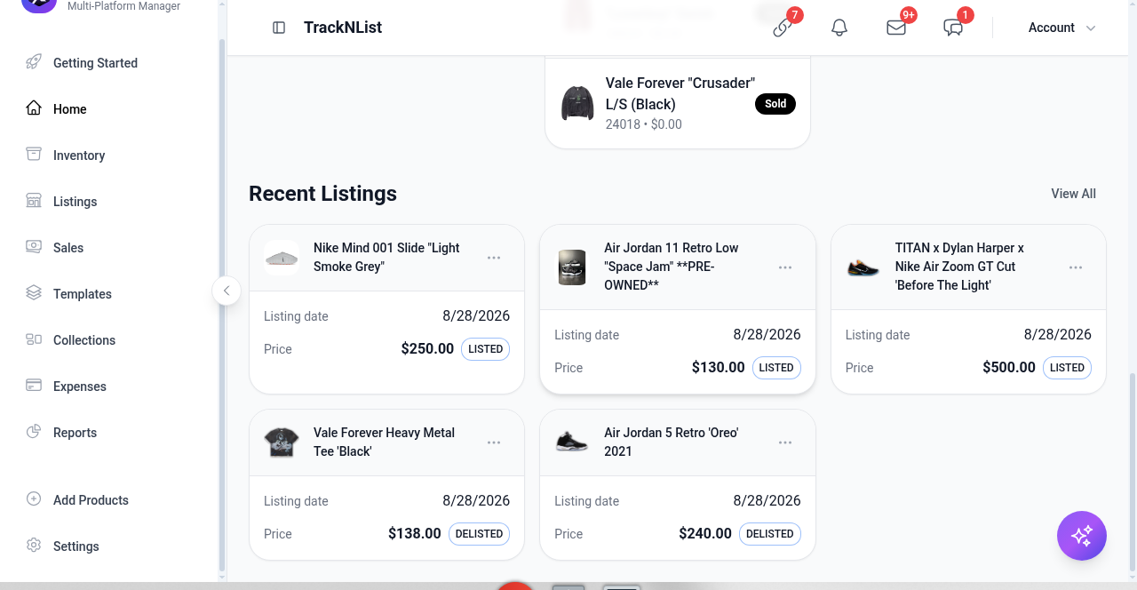 Recent listings cards with LISTED, DELISTED, and Sold badges