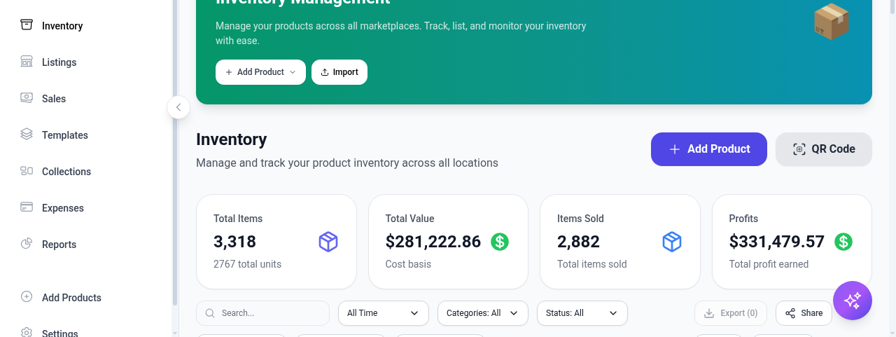 Inventory page with Add Product, Import, and overview cards