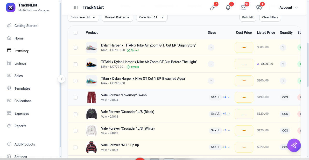 Inventory table with Synced badges, sizes, prices, OOS quantity
