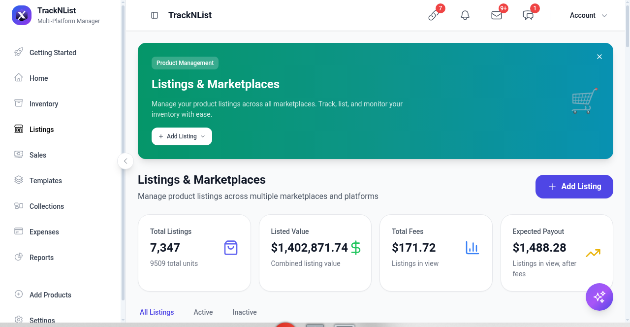 Listings and Marketplaces hero with Add Listing and KPI cards