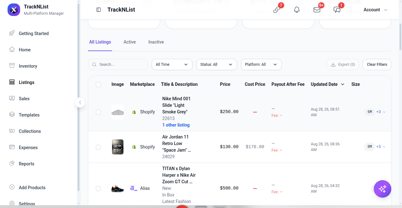 Listings table with marketplace logos, titles, and 1 other listing cross-list links