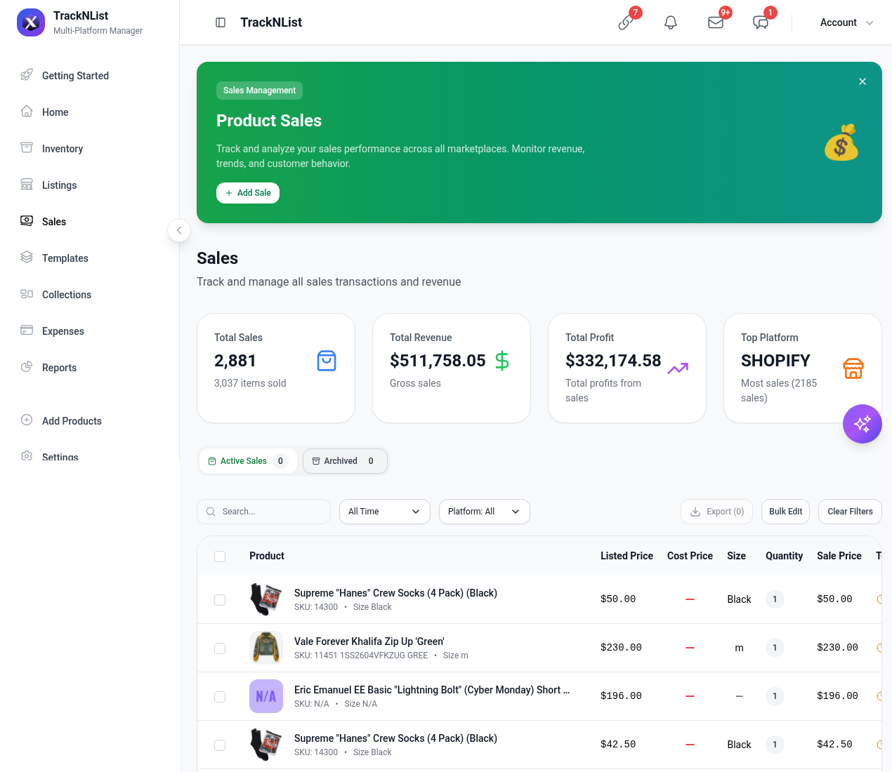 Sales page with KPI cards and sales table