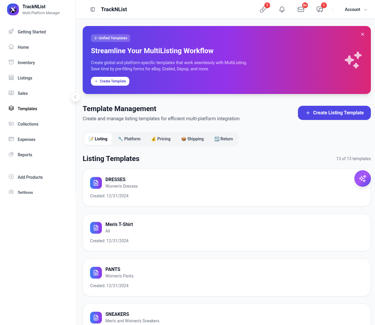 Template manager with Listing Platform Pricing Shipping Return tabs