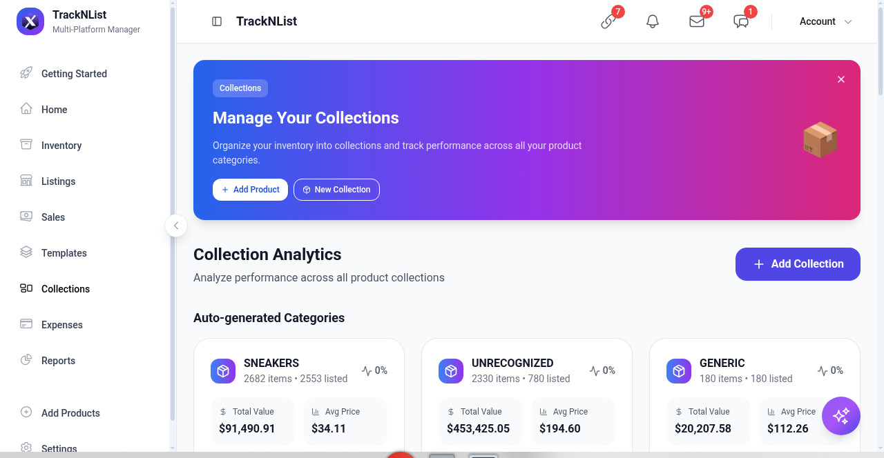 Collections page with auto-generated category cards