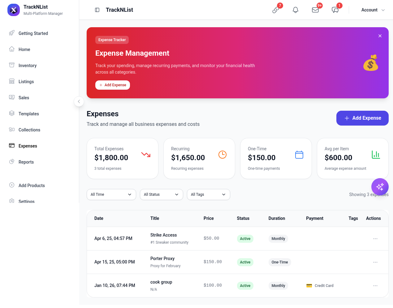 Expenses page with total, recurring, and one-time totals