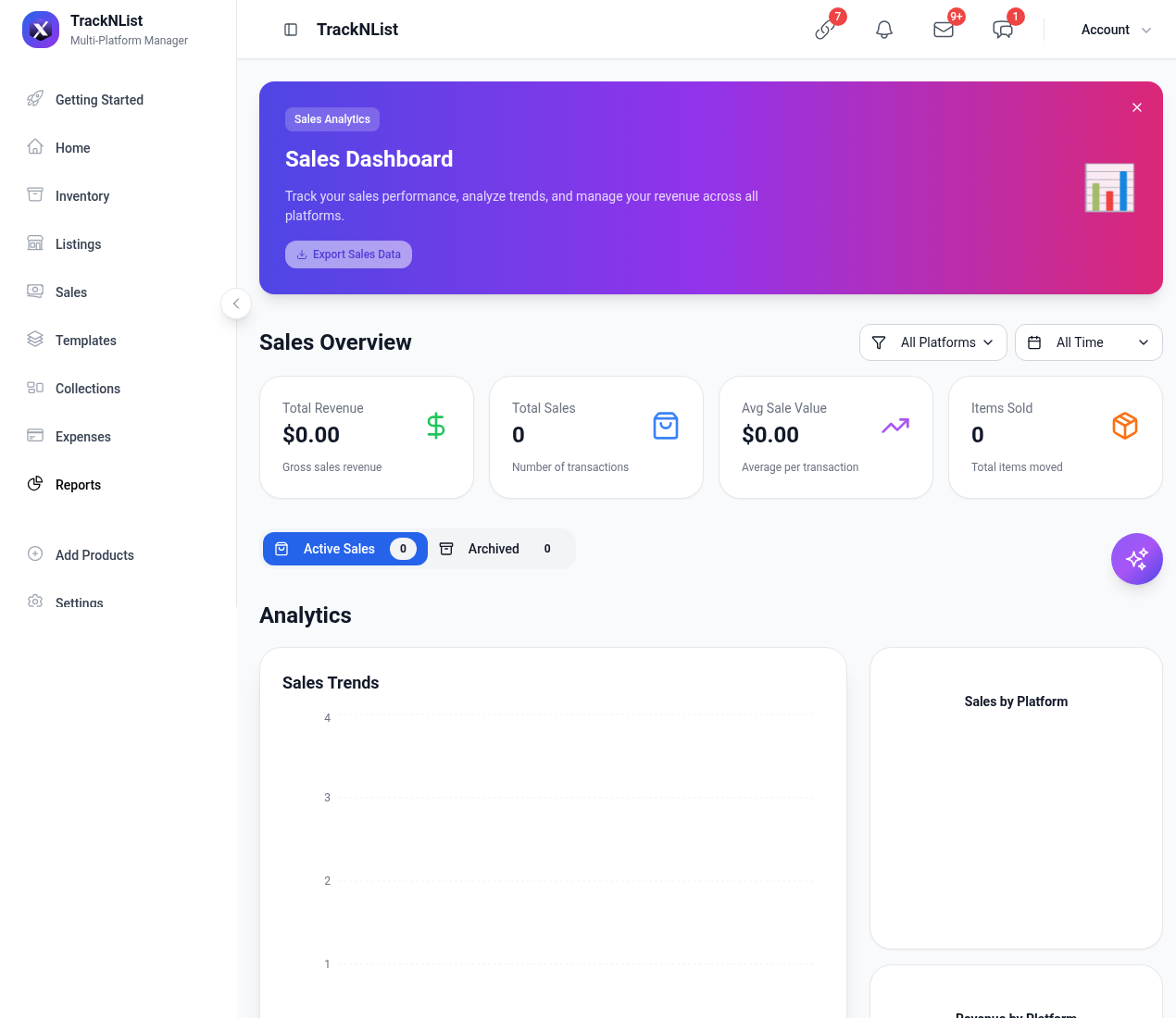 Reports sales dashboard with platform and date filters
