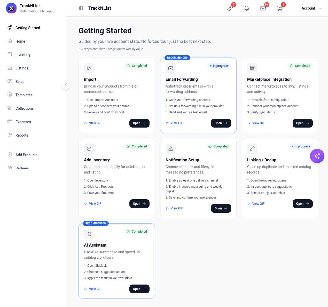Getting Started onboarding cards with completion status