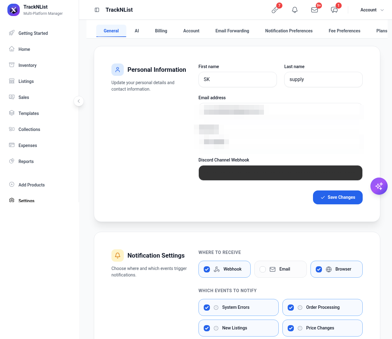 Settings General: personal info and notification channels