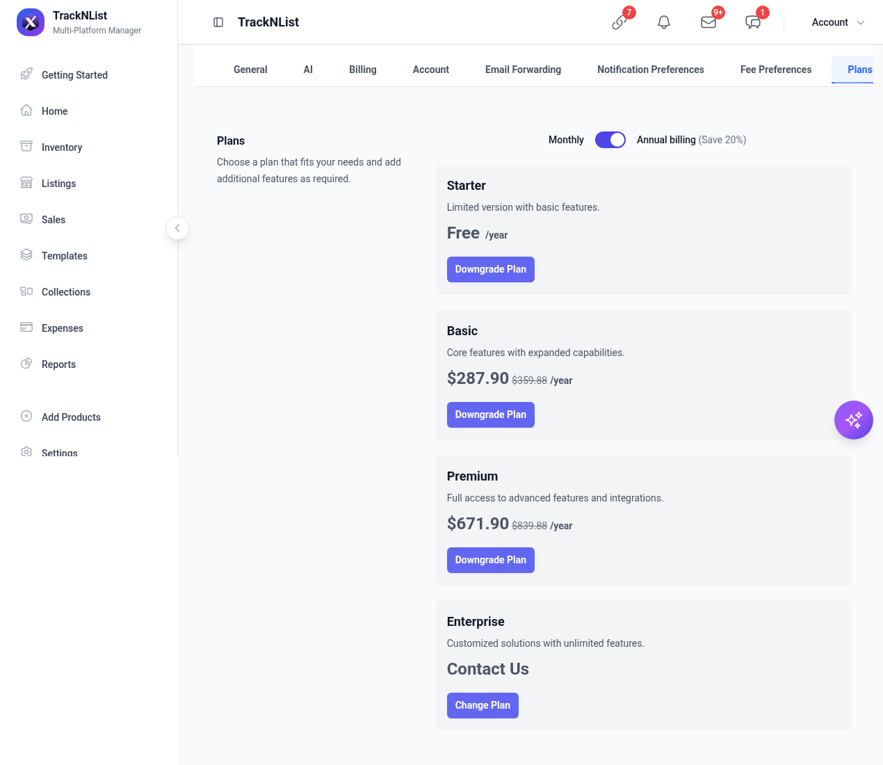 Plans page with Starter Basic Premium Enterprise
