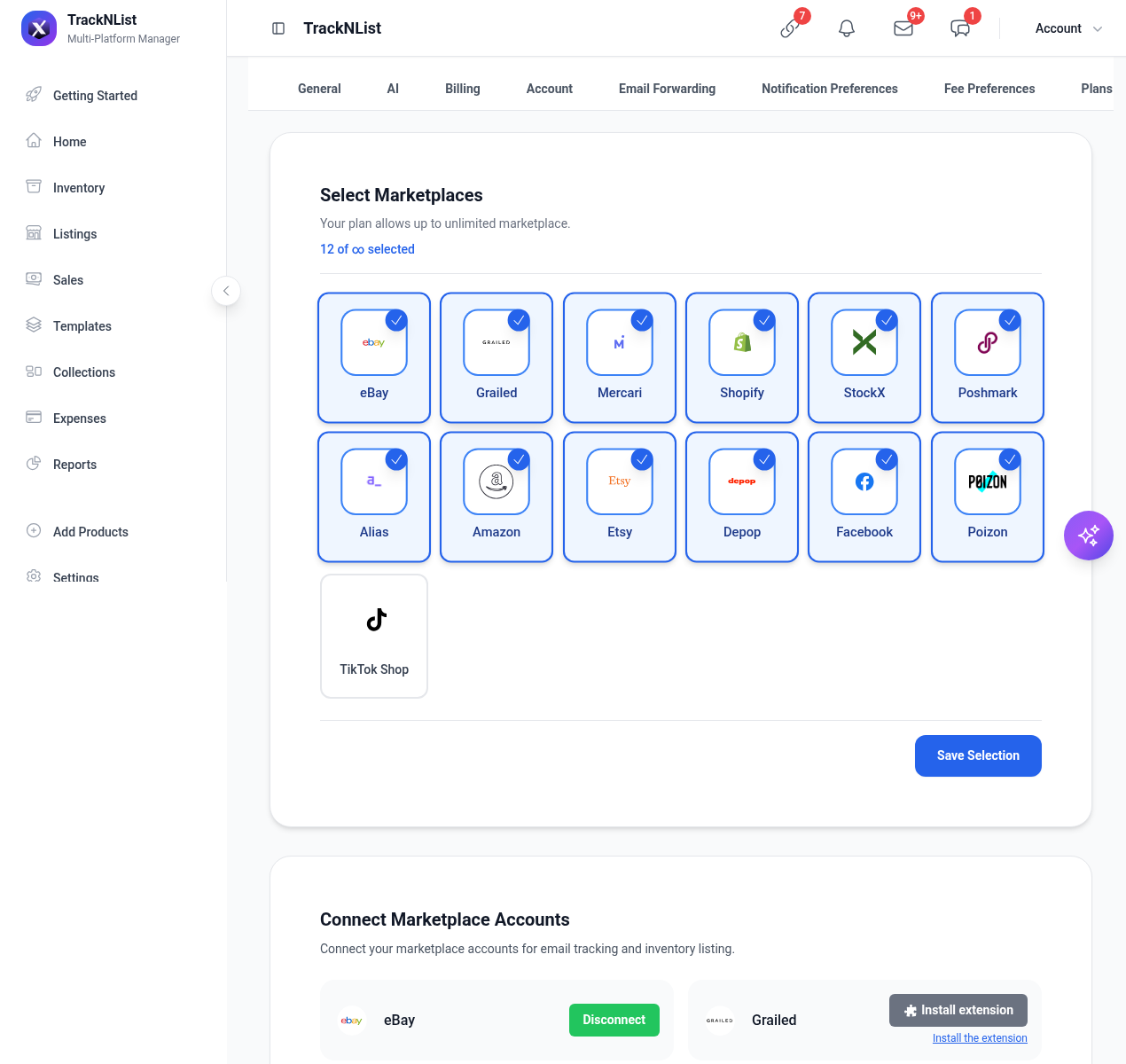 Platforms settings: select marketplaces and connect accounts