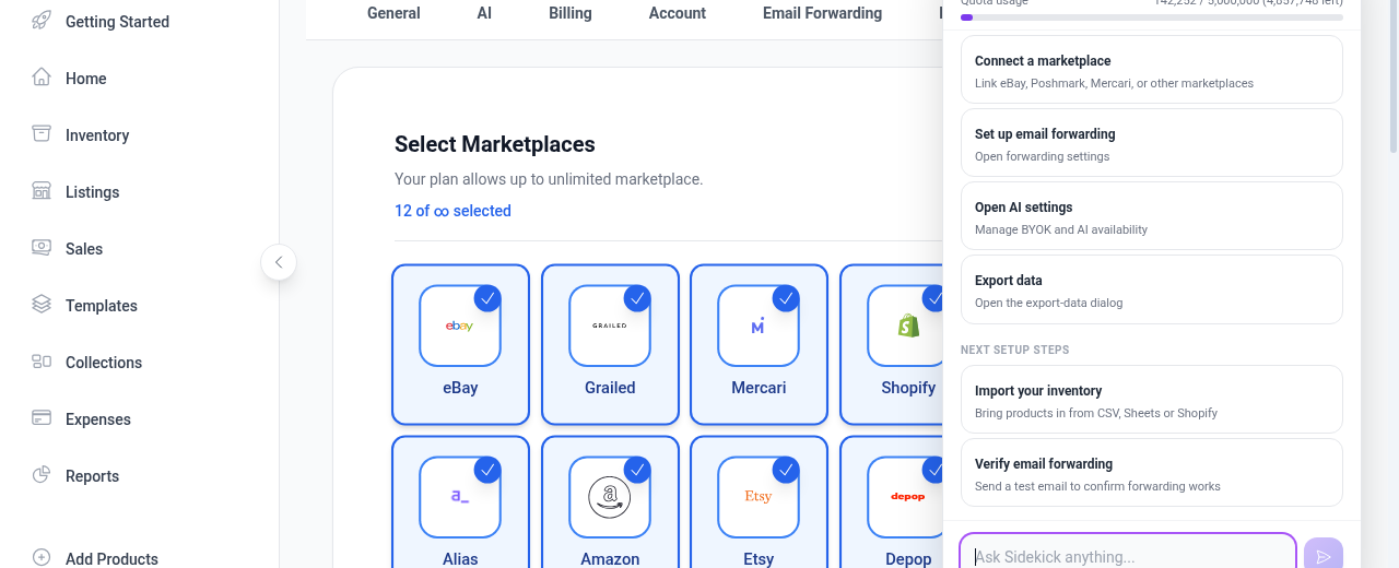 AI Sidekick panel with setup shortcuts and chat