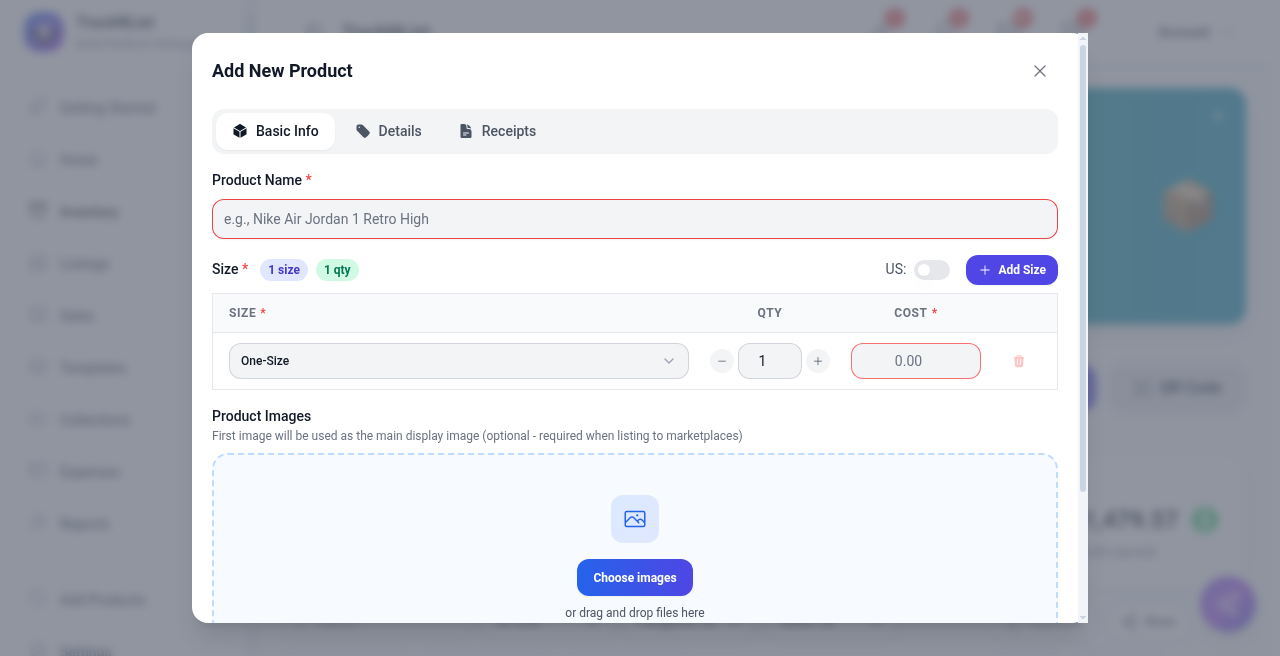Add New Product form, Basic Info tab