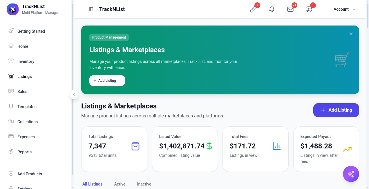 Listings page with Add Listing buttons