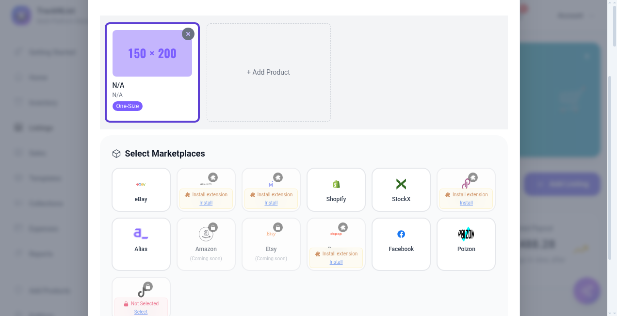 New Product Listing Selection tab: product and marketplace grid