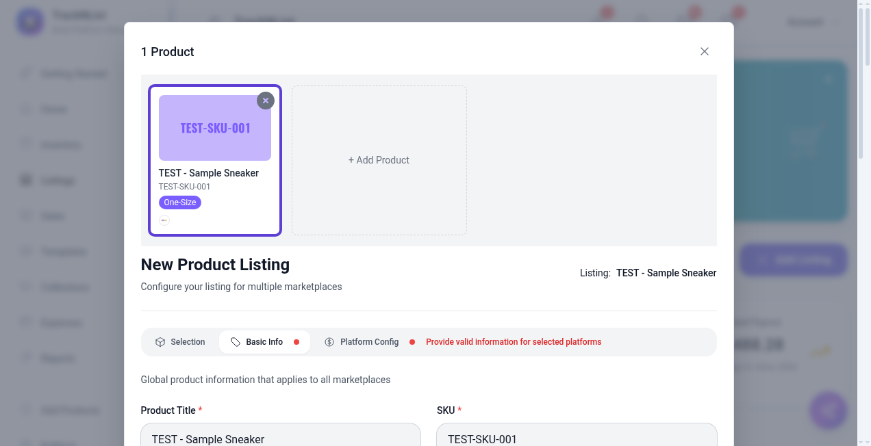 New Product Listing Basic Info tab with title SKU brand and price