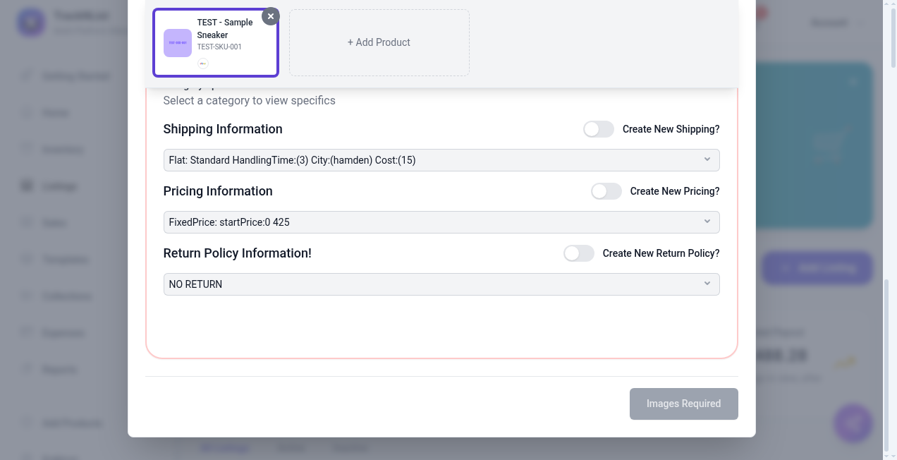 Listing wizard footer with Images Required disabled button