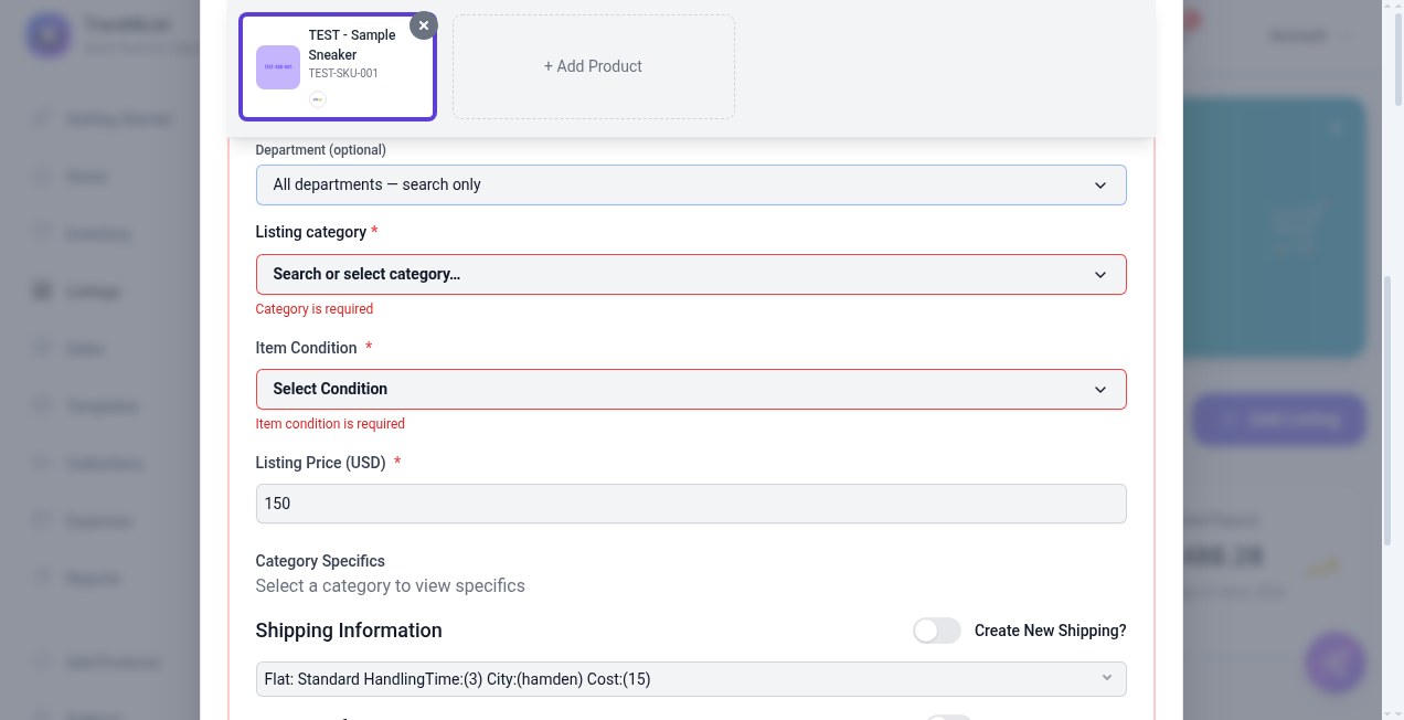 eBay Platform Config with category condition price shipping